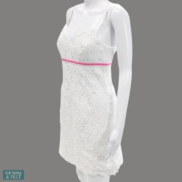 Lilly Pulitzer White Eyelet Lace Mini Dress Pink Trim Floral Lined Size 2 - Picture 2 of 7